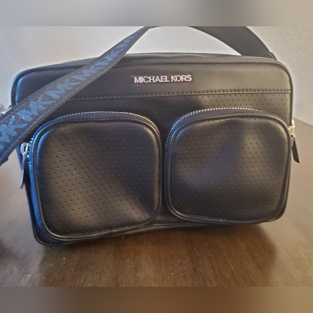 Michael Kors Black Perforated Faux Vegan Leathrler Crossbody Bag